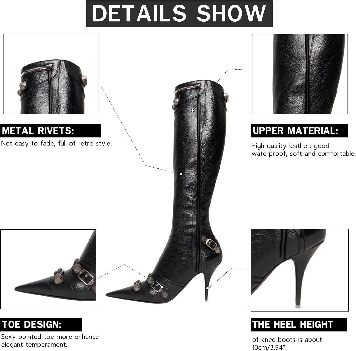 VOMIRA Knee High Boots Sexy Pointed Toe Rivets Tassels Stilettos High Heels Fashion Party Dressy Stripper Heels for Women