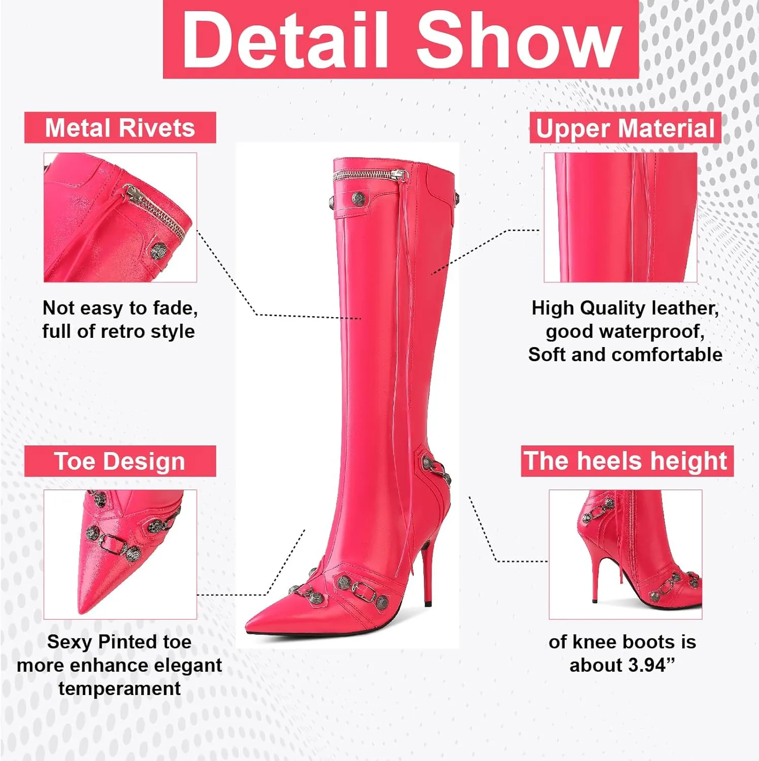 VOMIRA Knee High Boots Sexy Pointed Toe Rivets Tassels Stilettos High Heels Fashion Party Dressy Stripper Heels for Women