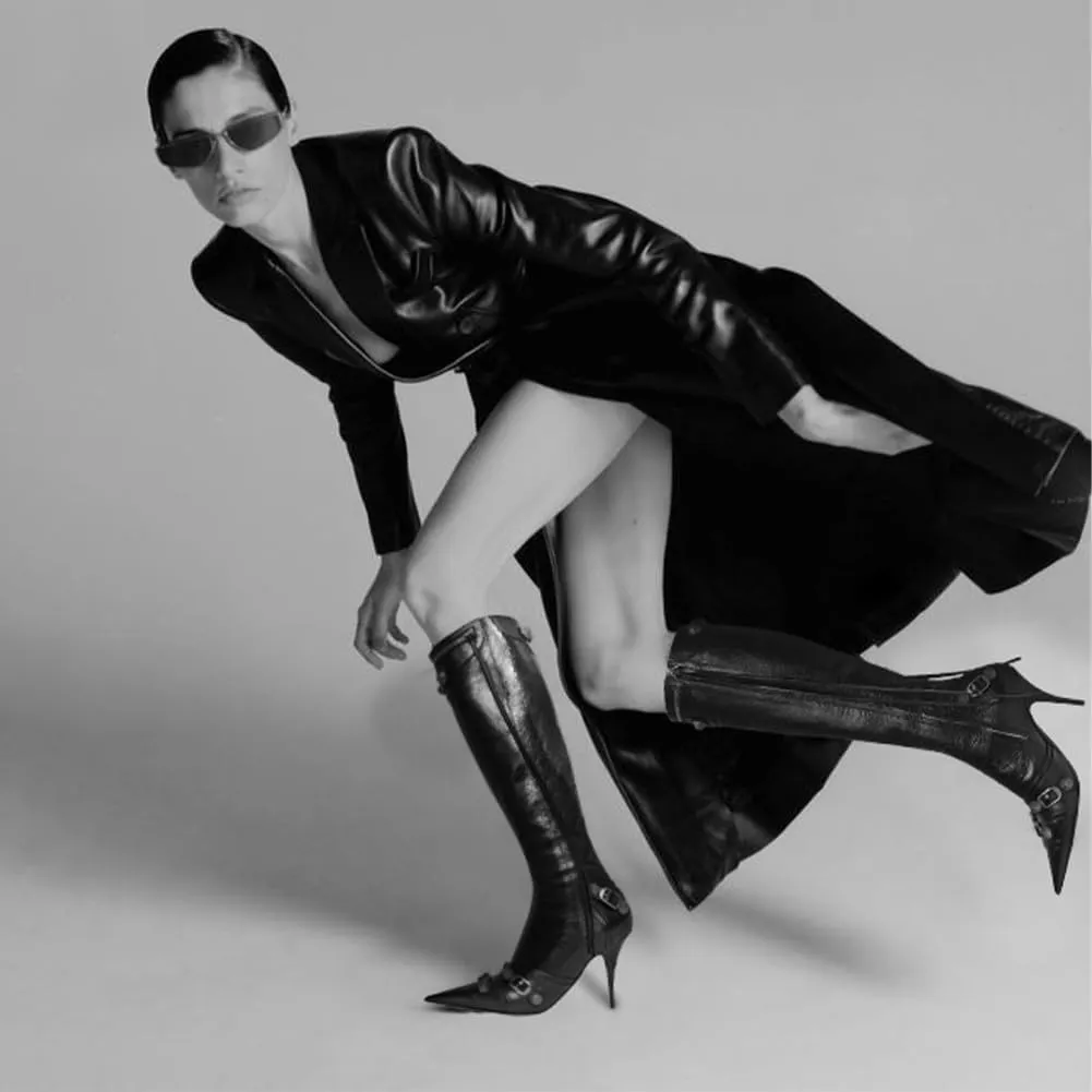 VOMIRA Knee High Boots Sexy Pointed Toe Rivets Tassels Stilettos High Heels Fashion Party Dressy Stripper Heels for Women