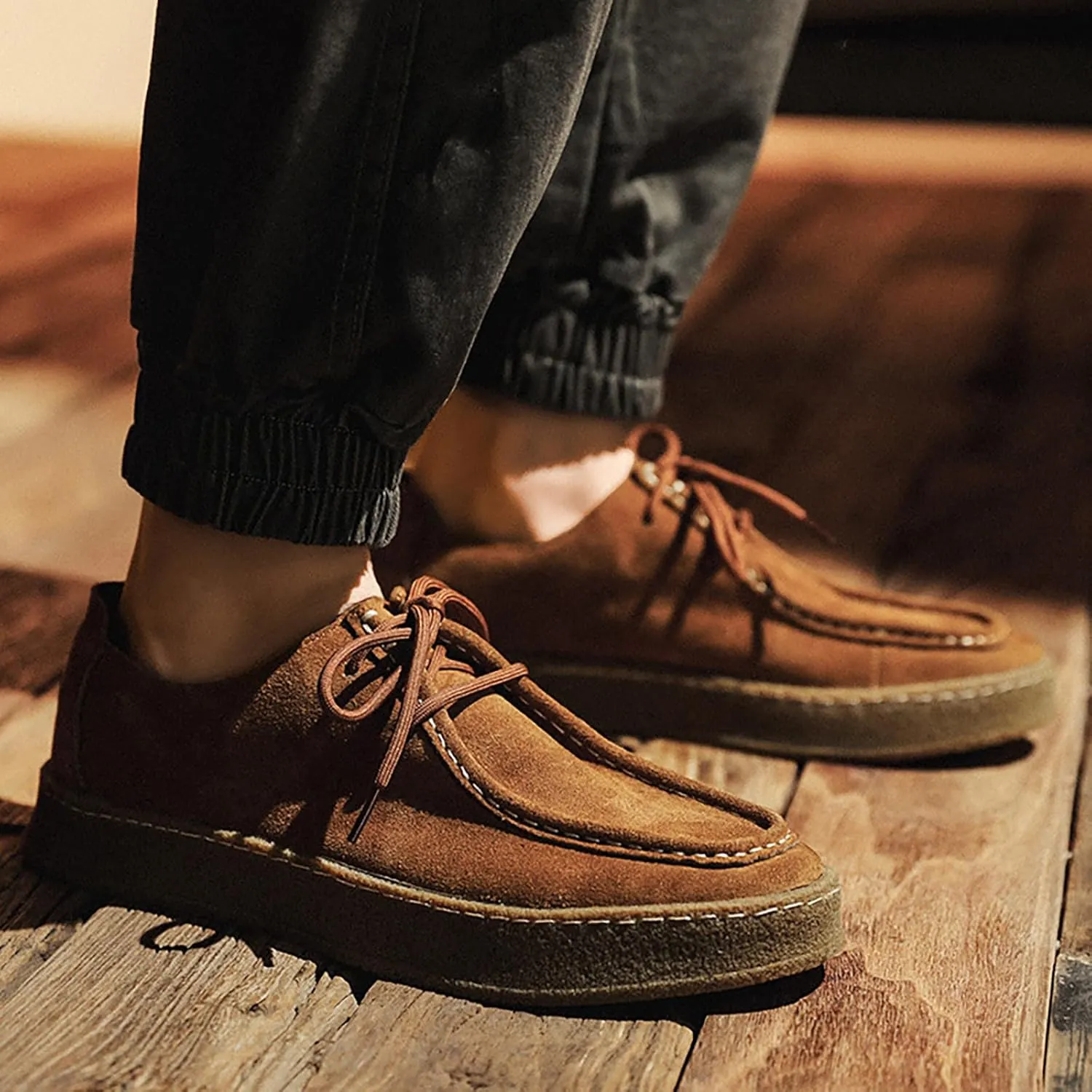 WENOREG Men's Suede Lace Up Casual Loafers Fashion Comfort Slip-ons 2-Eye Thick Sole Waterproof Walking Sneakers Outdoor Flat Low Top Lightweight Walking Working Office Work Mocassins Shoes