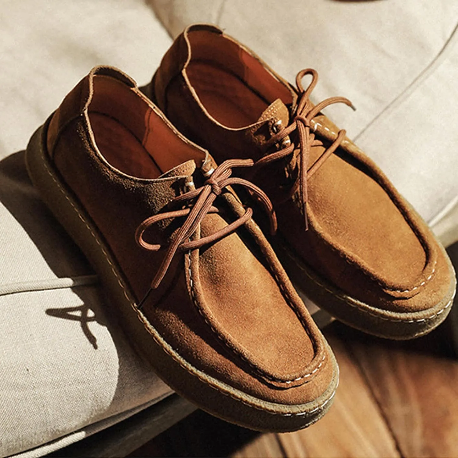 WENOREG Men's Suede Lace Up Casual Loafers Fashion Comfort Slip-ons 2-Eye Thick Sole Waterproof Walking Sneakers Outdoor Flat Low Top Lightweight Walking Working Office Work Mocassins Shoes