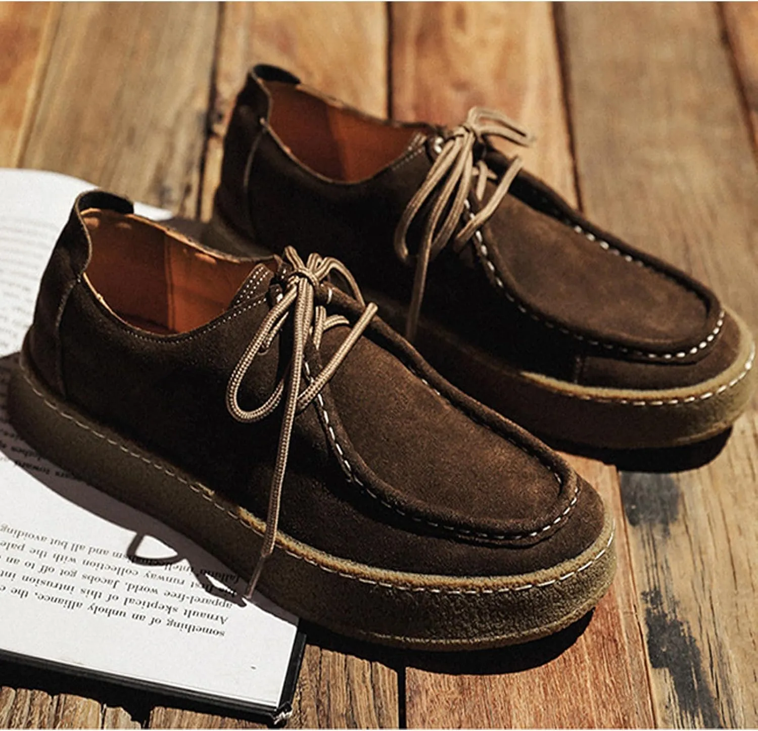 WENOREG Men's Suede Lace Up Casual Loafers Fashion Comfort Slip-ons 2-Eye Thick Sole Waterproof Walking Sneakers Outdoor Flat Low Top Lightweight Walking Working Office Work Mocassins Shoes