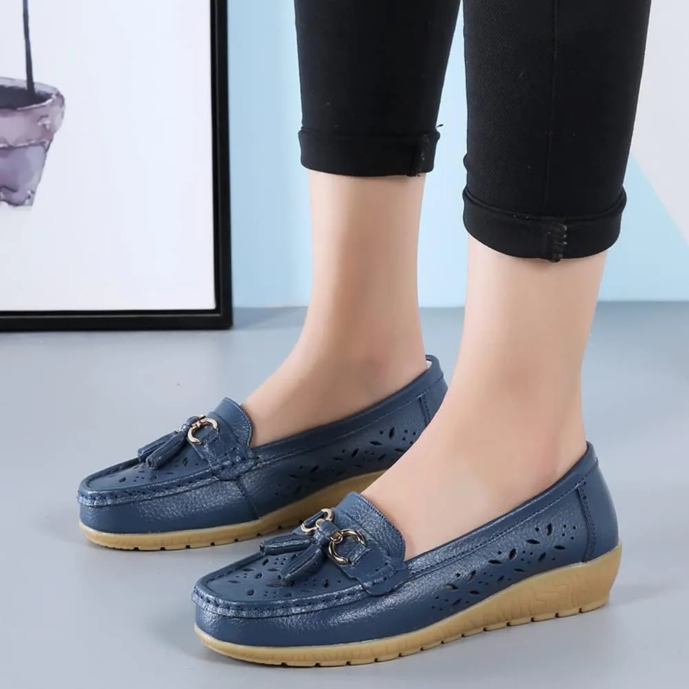 WERWAES Casual Loafers for Women Metal Buckle Breathable Comfortable Leather Slip on Moccasins Loafers Shoes Driving Outdoor Walking Womens Flats