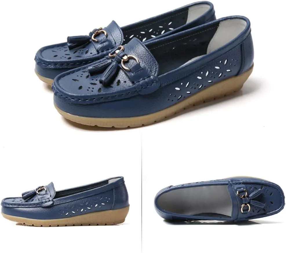 WERWAES Casual Loafers for Women Metal Buckle Breathable Comfortable Leather Slip on Moccasins Loafers Shoes Driving Outdoor Walking Womens Flats