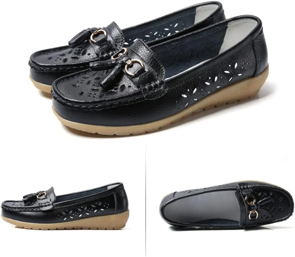 WERWAES Casual Loafers for Women Metal Buckle Breathable Comfortable Leather Slip on Moccasins Loafers Shoes Driving Outdoor Walking Womens Flats