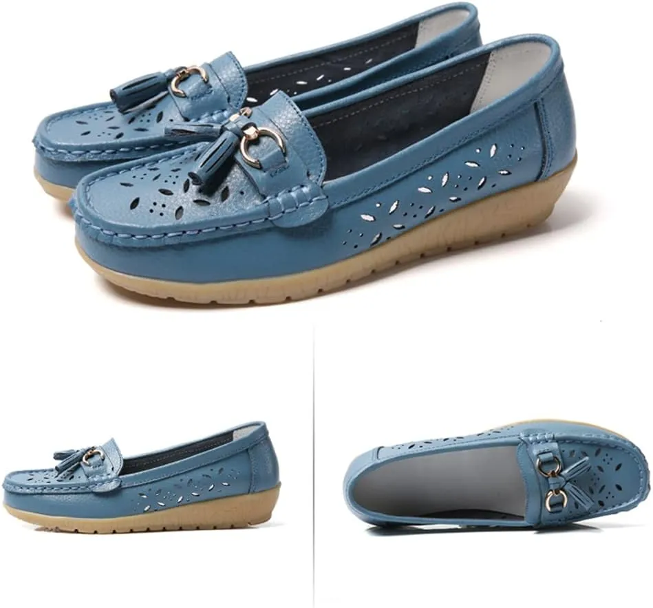 WERWAES Casual Loafers for Women Metal Buckle Breathable Comfortable Leather Slip on Moccasins Loafers Shoes Driving Outdoor Walking Womens Flats