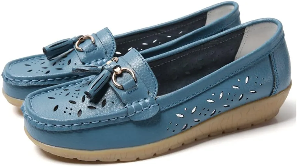 WERWAES Casual Loafers for Women Metal Buckle Breathable Comfortable Leather Slip on Moccasins Loafers Shoes Driving Outdoor Walking Womens Flats