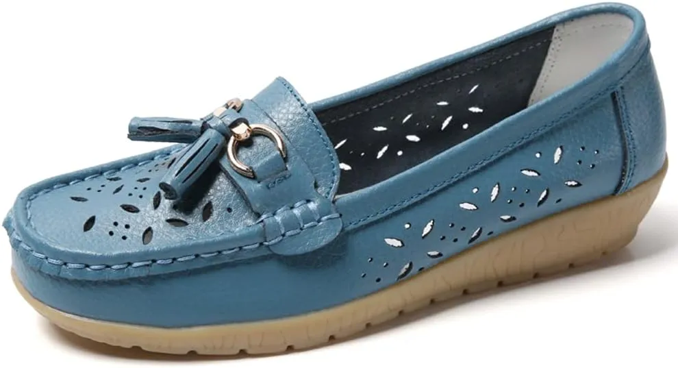 WERWAES Casual Loafers for Women Metal Buckle Breathable Comfortable Leather Slip on Moccasins Loafers Shoes Driving Outdoor Walking Womens Flats