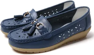 WERWAES Casual Loafers for Women Metal Buckle Breathable Comfortable Leather Slip on Moccasins Loafers Shoes Driving Outdoor Walking Womens Flats