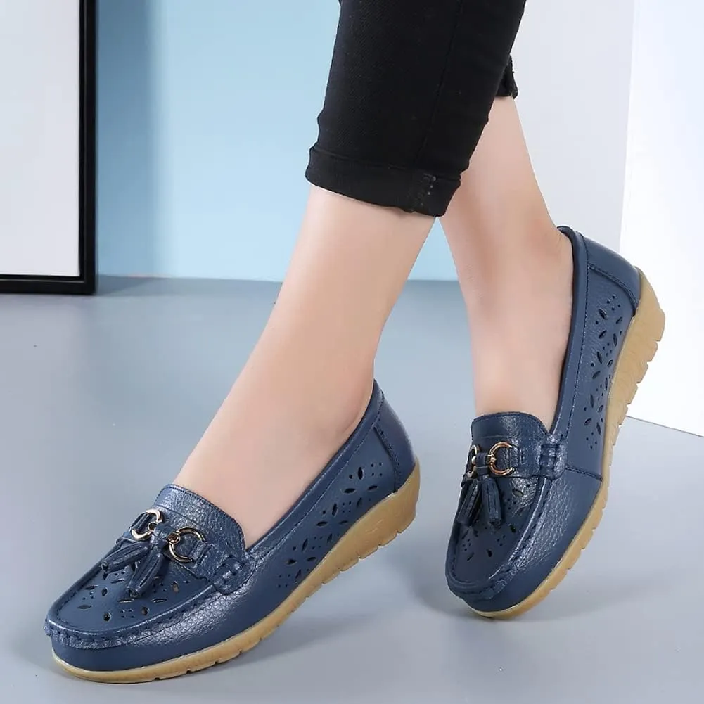 WERWAES Casual Loafers for Women Metal Buckle Breathable Comfortable Leather Slip on Moccasins Loafers Shoes Driving Outdoor Walking Womens Flats
