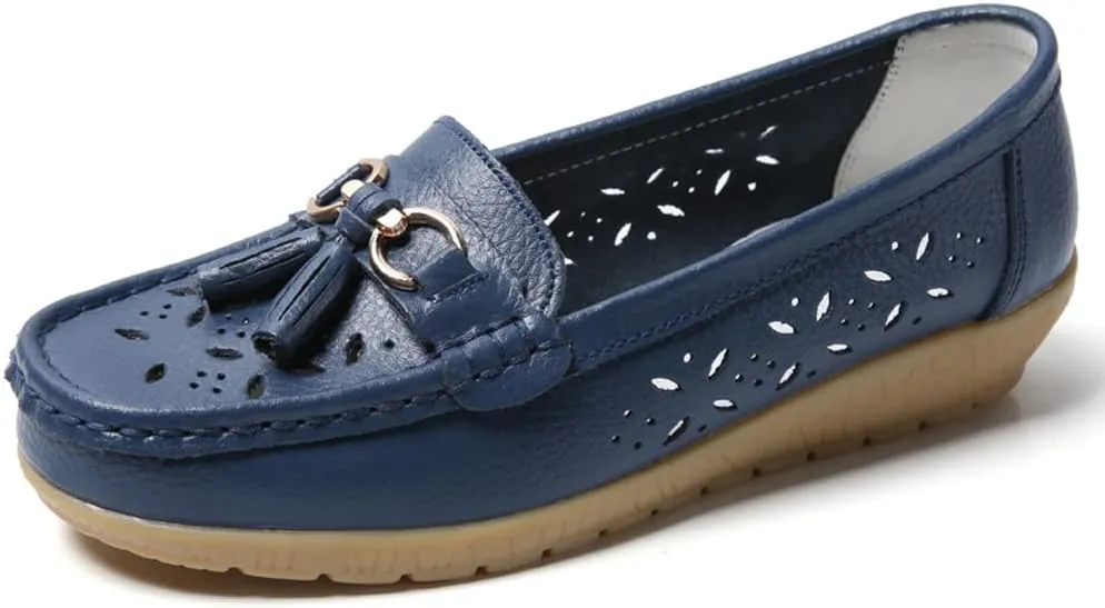 WERWAES Casual Loafers for Women Metal Buckle Breathable Comfortable Leather Slip on Moccasins Loafers Shoes Driving Outdoor Walking Womens Flats