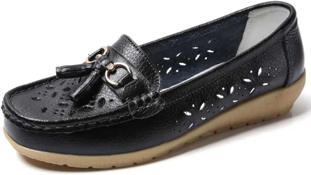 WERWAES Casual Loafers for Women Metal Buckle Breathable Comfortable Leather Slip on Moccasins Loafers Shoes Driving Outdoor Walking Womens Flats