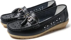WERWAES Casual Loafers for Women Metal Buckle Breathable Comfortable Leather Slip on Moccasins Loafers Shoes Driving Outdoor Walking Womens Flats
