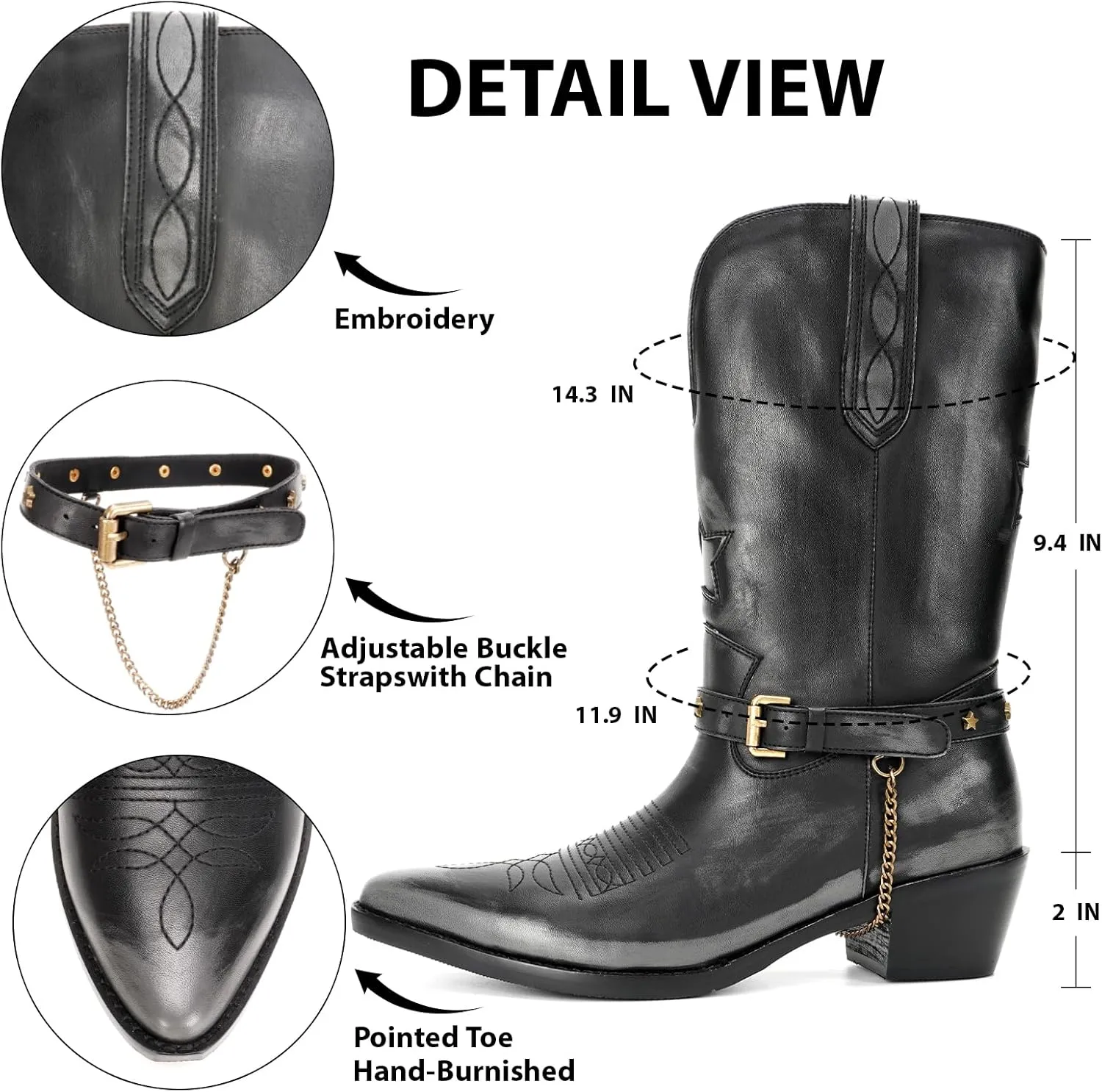 Western Cowboy Boots for Women, Mid Calf Cowgirl Boots with Classic Embroidered Stitched, Silp On Pointed Toe Chunky Heel Buckle Chain Pull On Western Riding Boots for Women