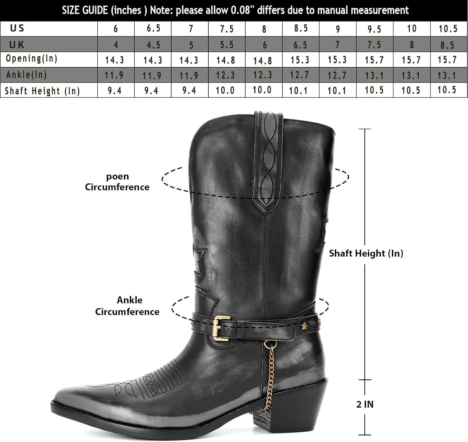 Western Cowboy Boots for Women, Mid Calf Cowgirl Boots with Classic Embroidered Stitched, Silp On Pointed Toe Chunky Heel Buckle Chain Pull On Western Riding Boots for Women