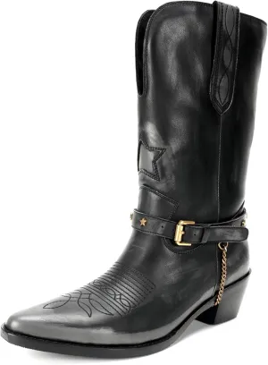 Western Cowboy Boots for Women, Mid Calf Cowgirl Boots with Classic Embroidered Stitched, Silp On Pointed Toe Chunky Heel Buckle Chain Pull On Western Riding Boots for Women
