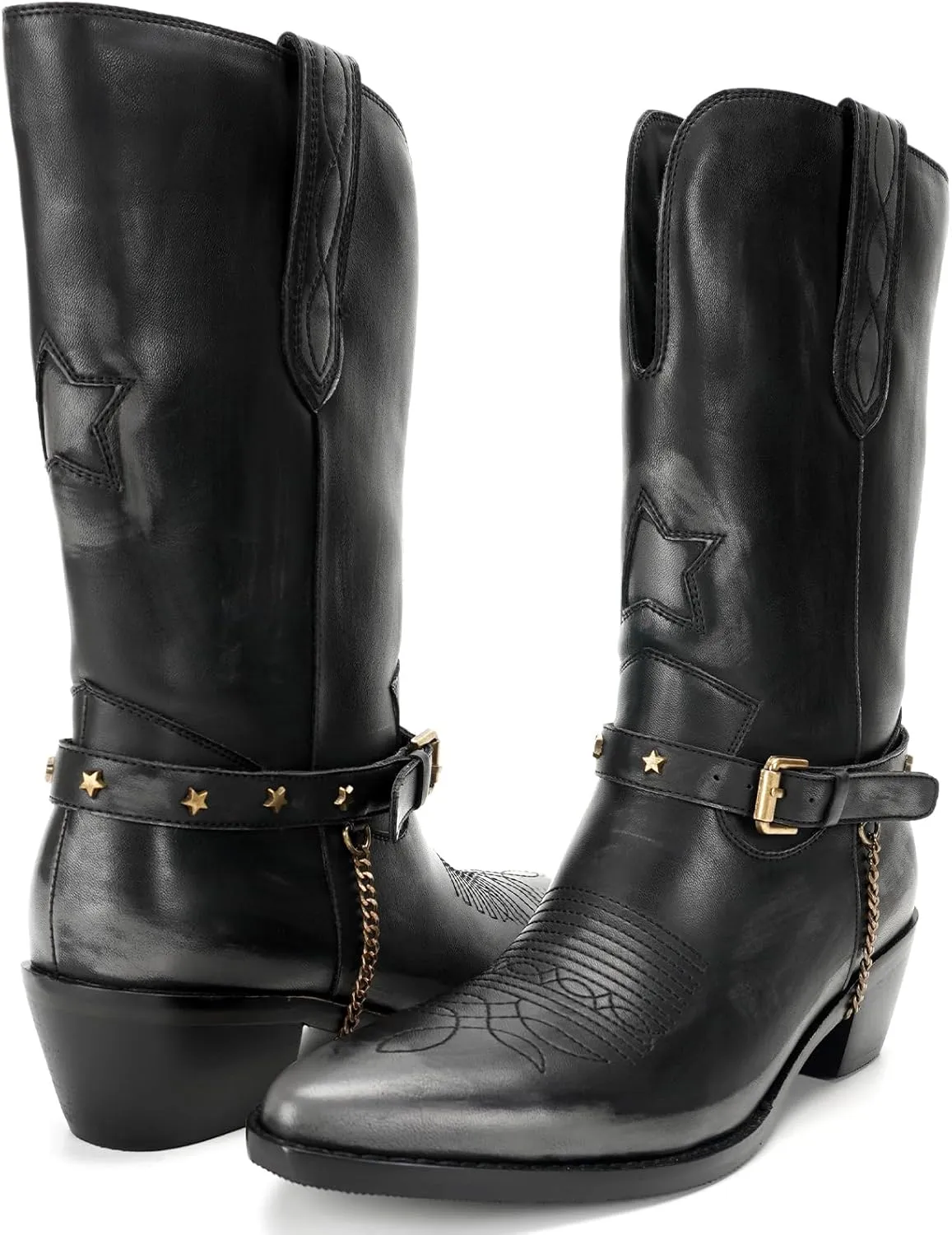 Western Cowboy Boots for Women, Mid Calf Cowgirl Boots with Classic Embroidered Stitched, Silp On Pointed Toe Chunky Heel Buckle Chain Pull On Western Riding Boots for Women