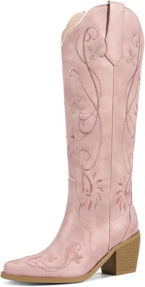 wetkiss Cowboy Boots for Women Knee High Cowgirl Boots, Western Boots with Floral Embroidered Pointed Toe Chunky Heel Pull On Retro Vintage Classic Tall Boots for Ladies