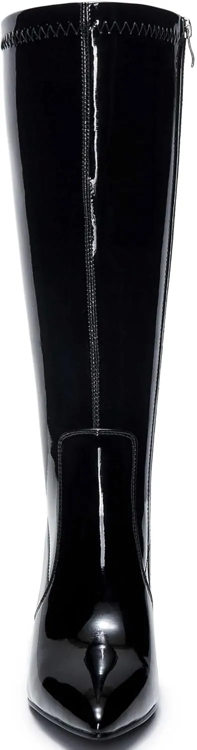 Wide Calf Knee High Boots For Women Plus Size Side Zipper Leather Chunky Heel Boots Heeled Pointed Toe Tall