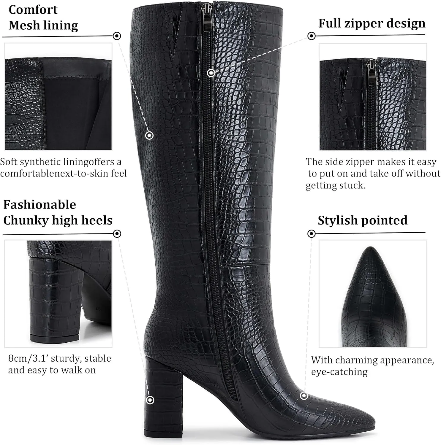 Wide Calf Knee High Boots For Women Plus Size Side Zipper Leather Chunky Heel Boots Heeled Pointed Toe Tall