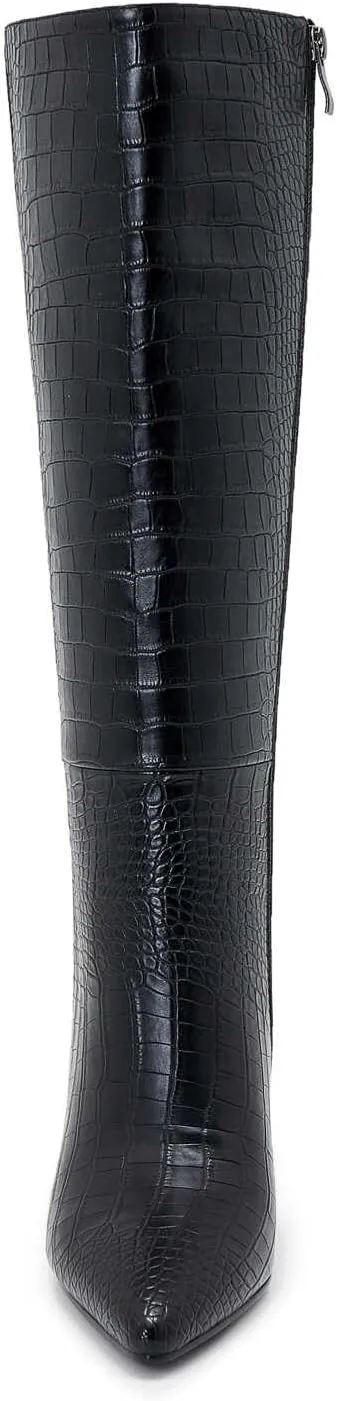Wide Calf Knee High Boots For Women Plus Size Side Zipper Leather Chunky Heel Boots Heeled Pointed Toe Tall