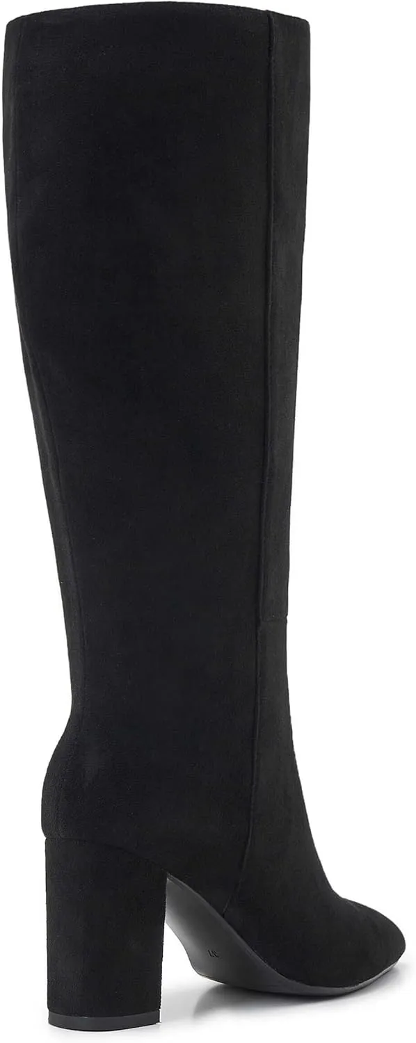 Wide Calf Knee High Boots For Women Plus Size Side Zipper Leather Chunky Heel Boots Heeled Pointed Toe Tall