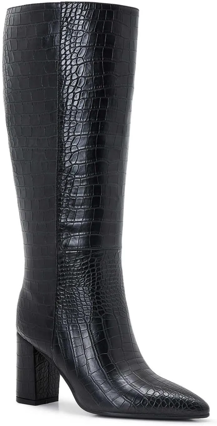 Wide Calf Knee High Boots For Women Plus Size Side Zipper Leather Chunky Heel Boots Heeled Pointed Toe Tall