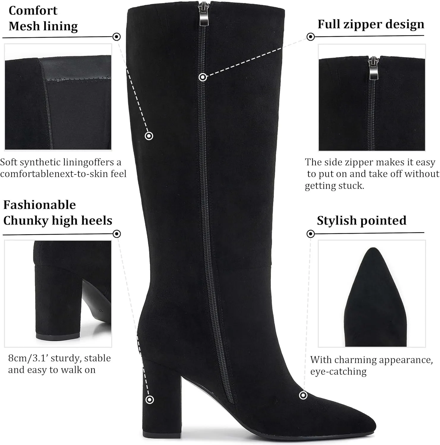 Wide Calf Knee High Boots For Women Plus Size Side Zipper Leather Chunky Heel Boots Heeled Pointed Toe Tall