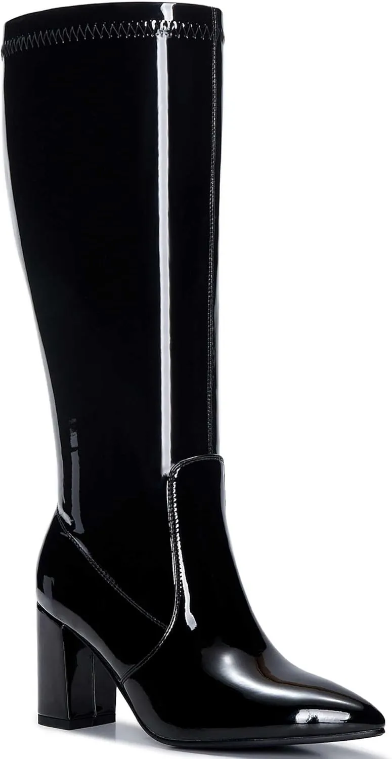 Wide Calf Knee High Boots For Women Plus Size Side Zipper Leather Chunky Heel Boots Heeled Pointed Toe Tall