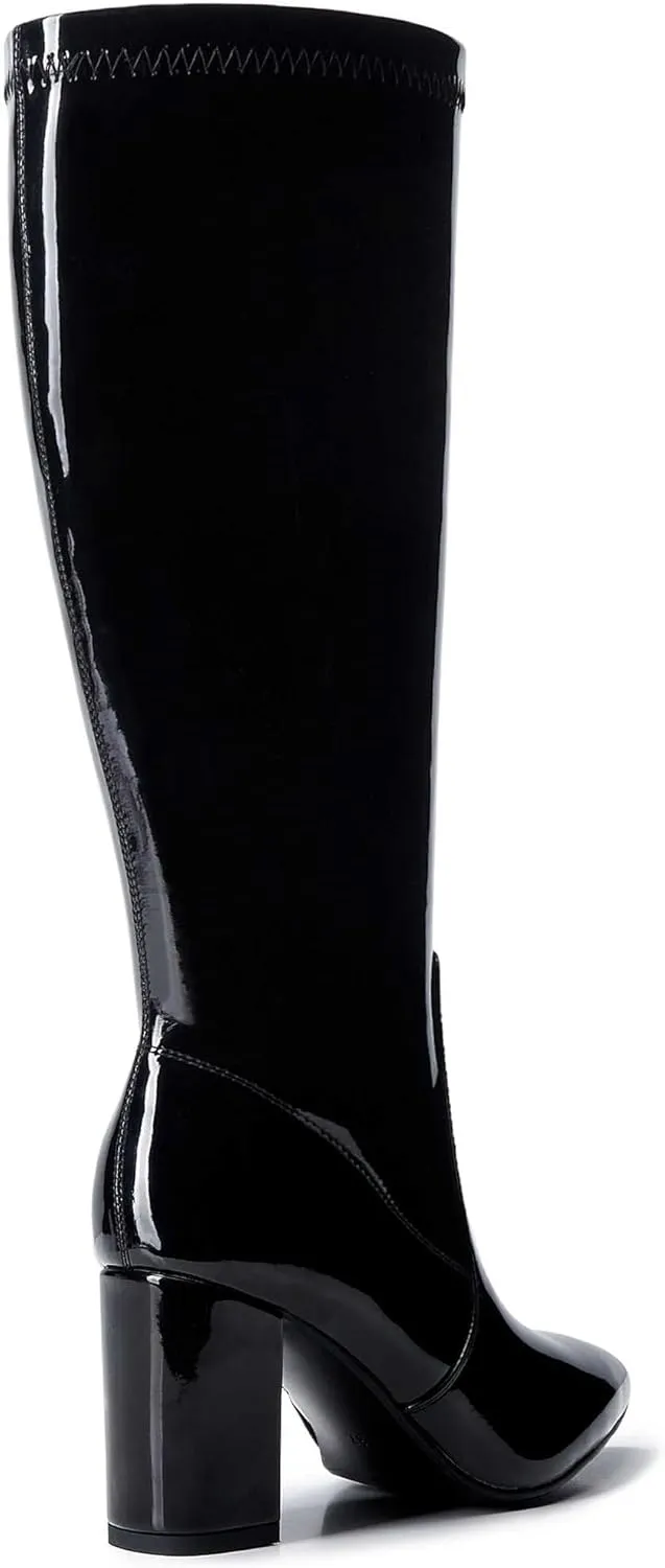 Wide Calf Knee High Boots For Women Plus Size Side Zipper Leather Chunky Heel Boots Heeled Pointed Toe Tall
