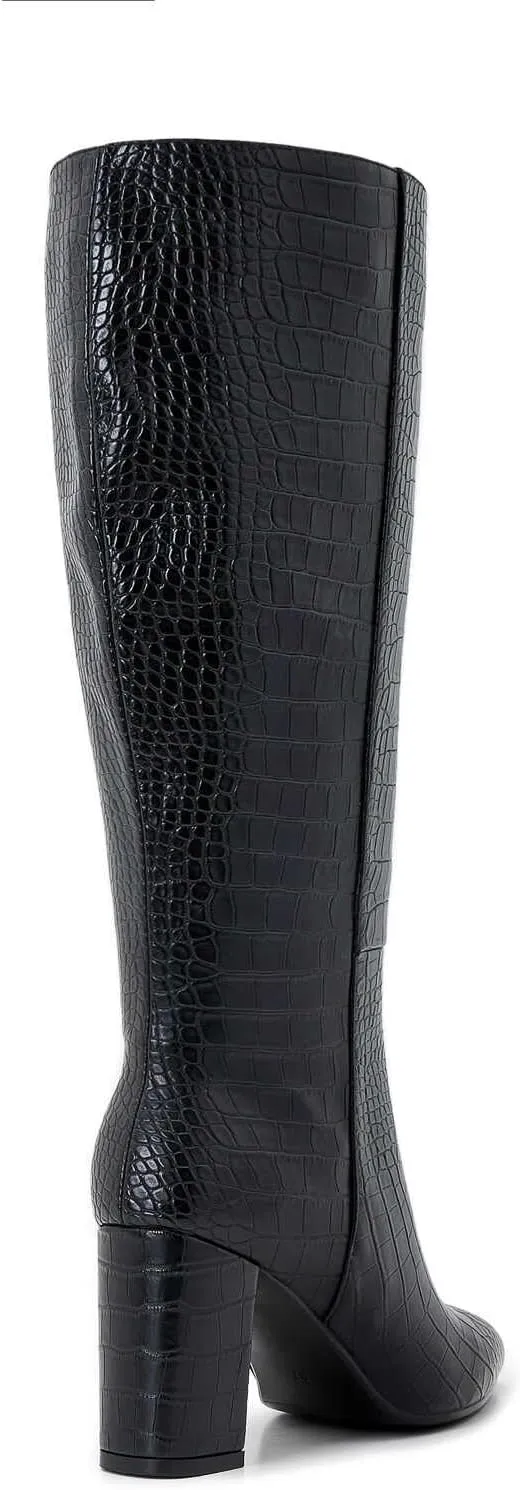Wide Calf Knee High Boots For Women Plus Size Side Zipper Leather Chunky Heel Boots Heeled Pointed Toe Tall