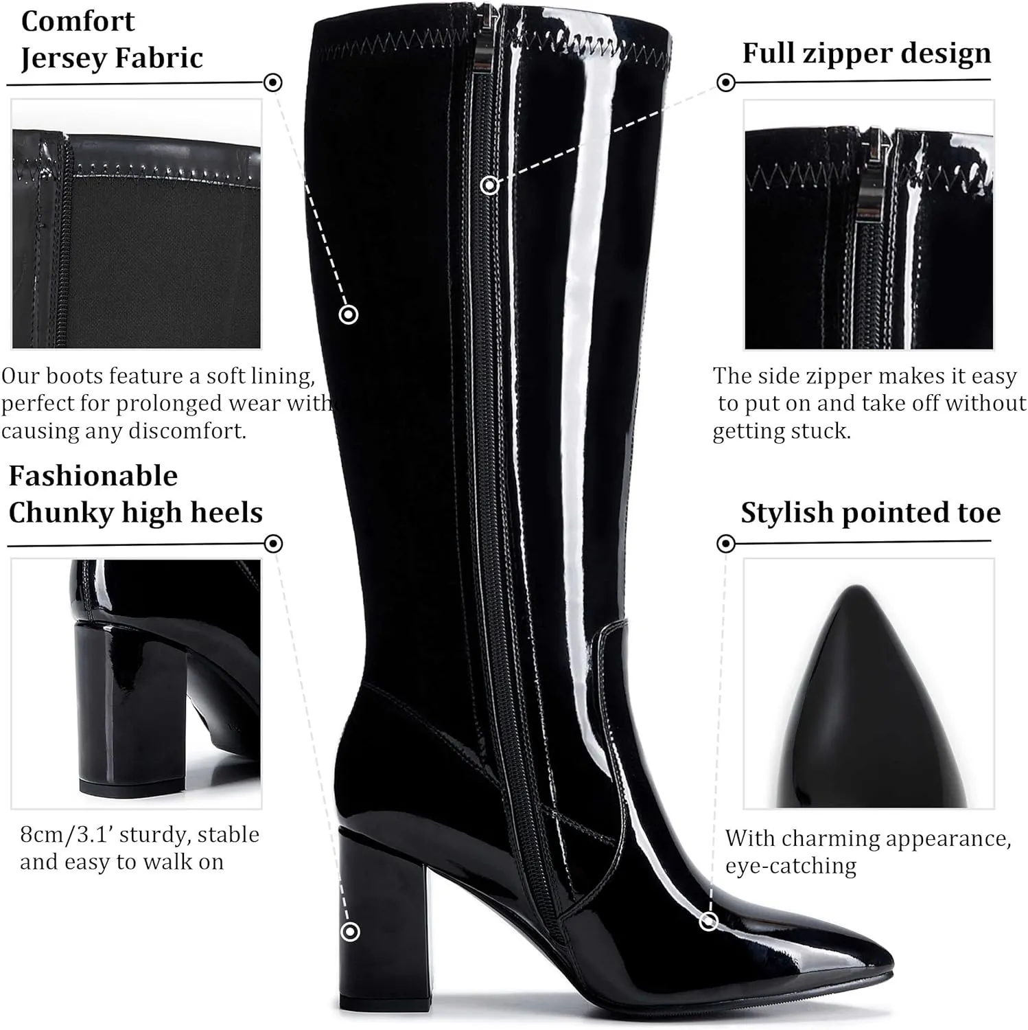 Wide Calf Knee High Boots For Women Plus Size Side Zipper Leather Chunky Heel Boots Heeled Pointed Toe Tall