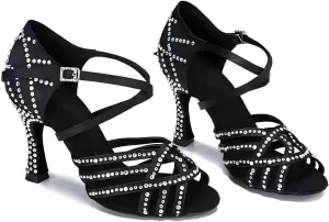 Women Ballroom Dance Shoes Rhinestone Handmade Sandals Latin Salsa Modern Practice Performance Dance Shoes