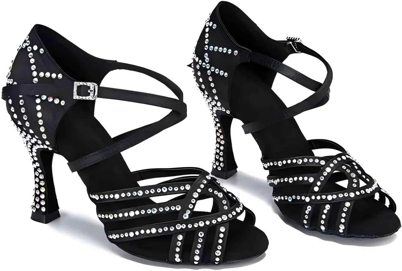 Women Ballroom Dance Shoes Rhinestone Handmade Sandals Latin Salsa Modern Practice Performance Dance Shoes