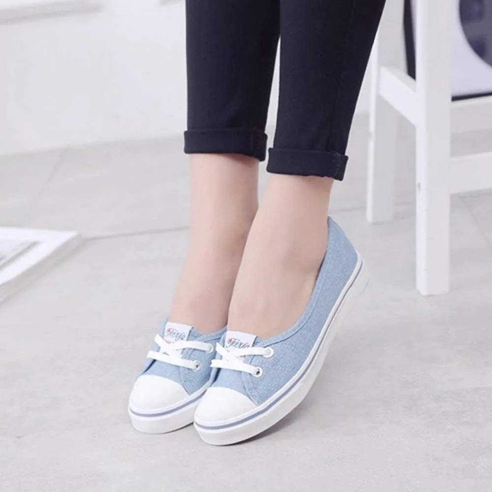 Women Casual Canvas Work Flats Loafers Slip On Woman's Flats Soft Fashion Boat Shoes (40, Light Blue)