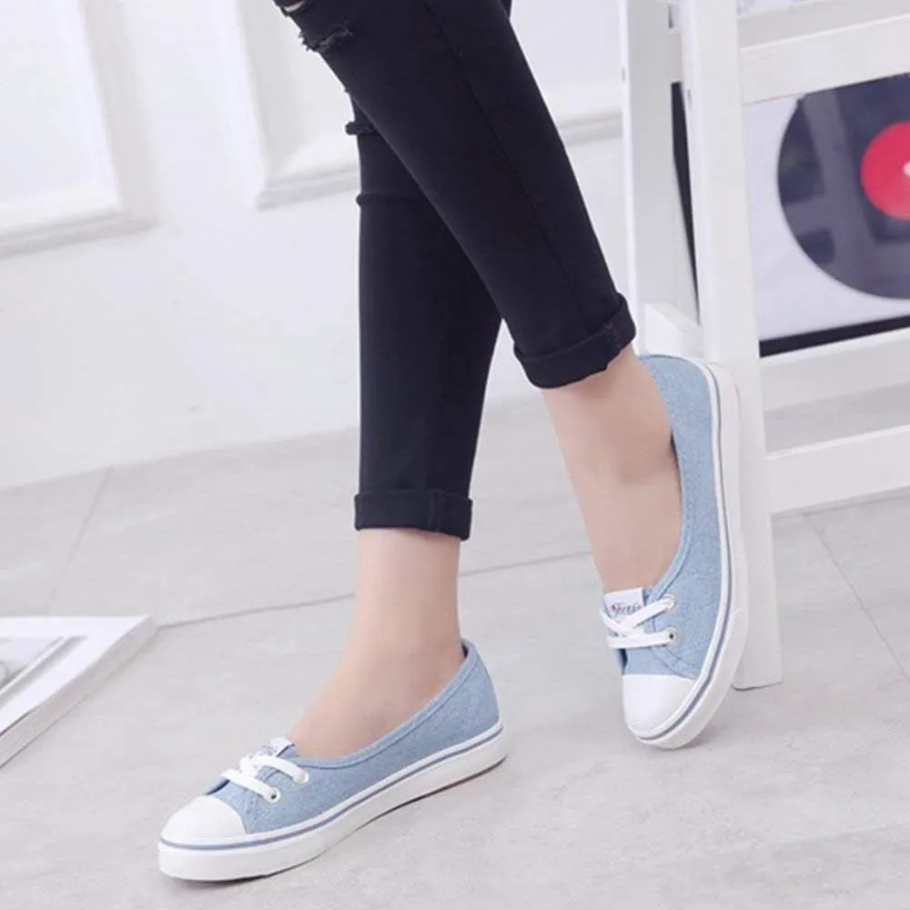 Women Casual Canvas Work Flats Loafers Slip On Woman's Flats Soft Fashion Boat Shoes (40, Light Blue)