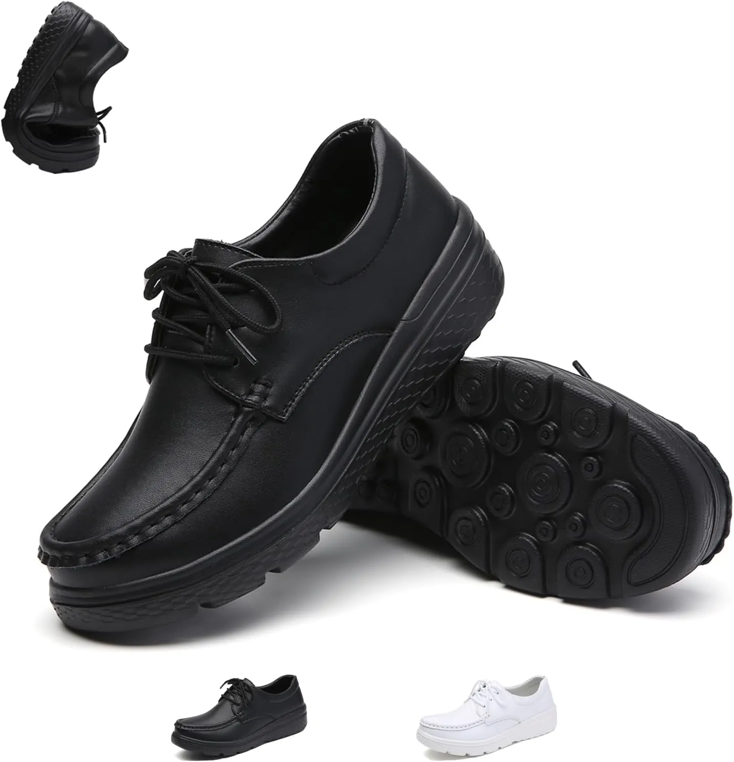 Women Genuine Leather Lace-up Soft Sole Loafers Nurse Shoes,Arch Support Lightweight Platform Casual Moccasins Shoes,Comfort Non-slip Mom Walking Shoes