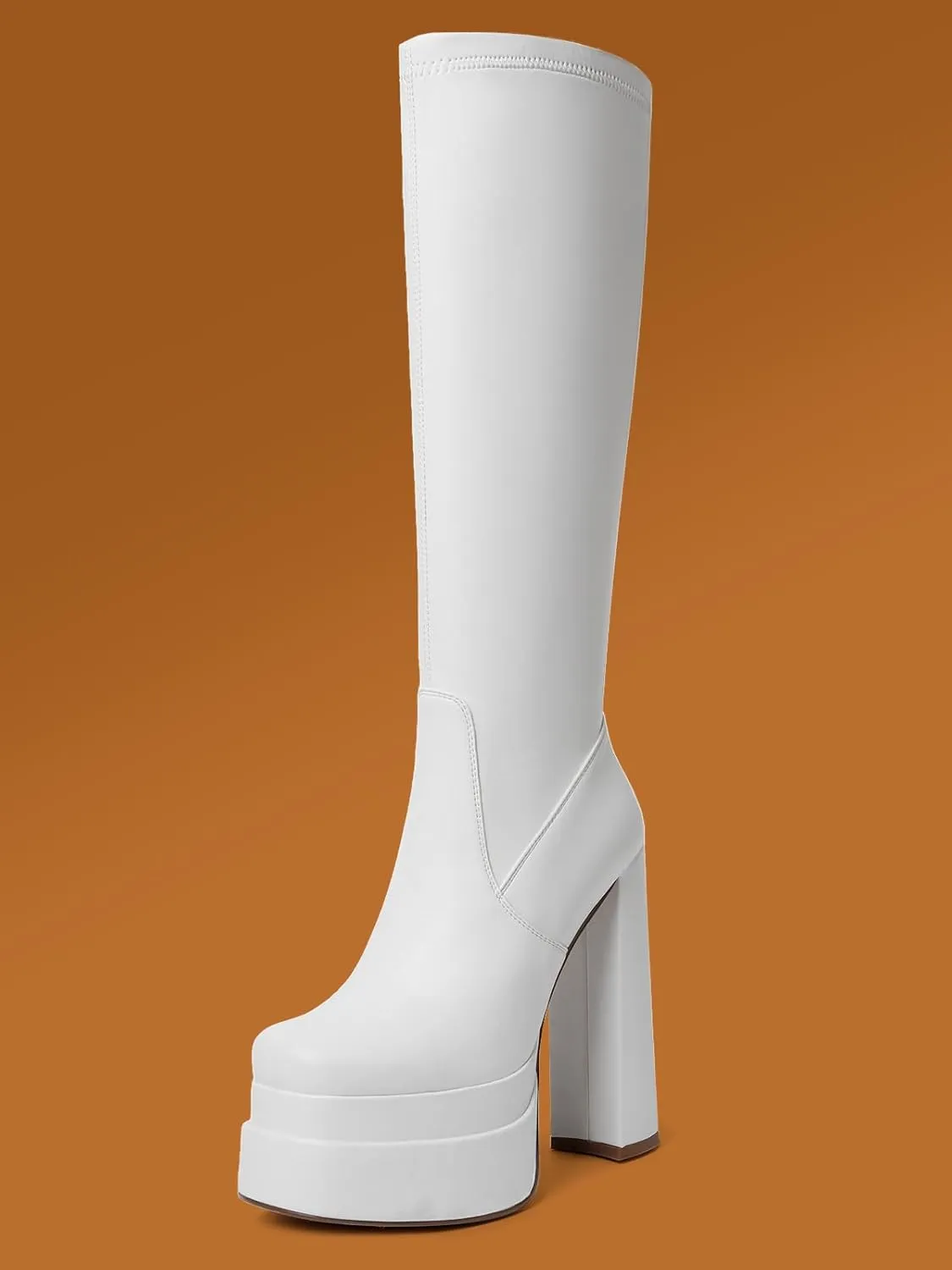 Women GOGO Boots Platform Knee High Tall Chunky High Heel Boots for Women Square Toe Side Zipper Long Shoes