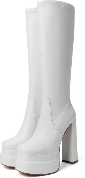 Women GOGO Boots Platform Knee High Tall Chunky High Heel Boots for Women Square Toe Side Zipper Long Shoes