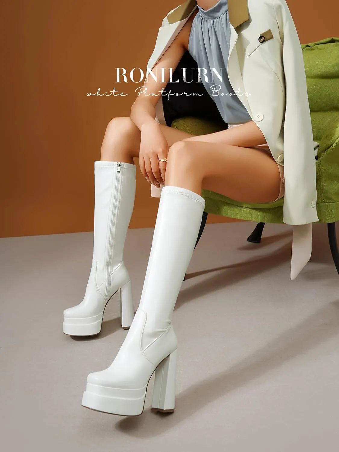 Women GOGO Boots Platform Knee High Tall Chunky High Heel Boots for Women Square Toe Side Zipper Long Shoes