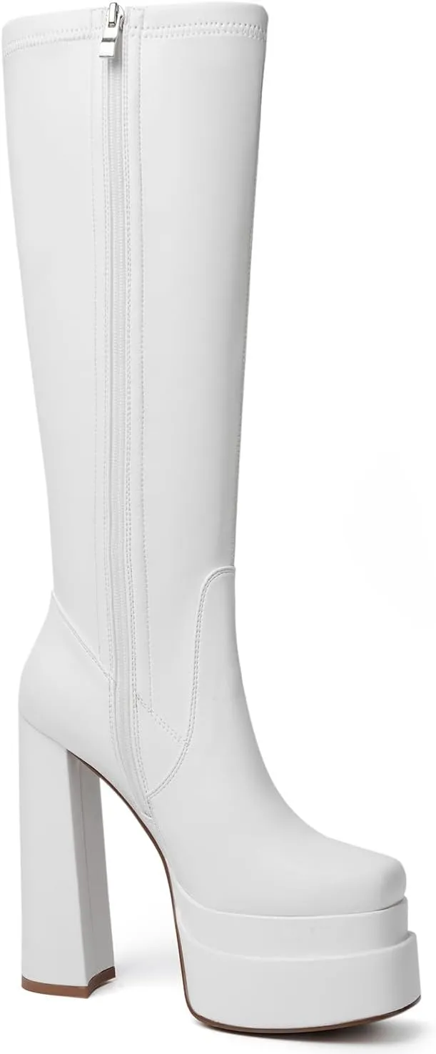 Women GOGO Boots Platform Knee High Tall Chunky High Heel Boots for Women Square Toe Side Zipper Long Shoes