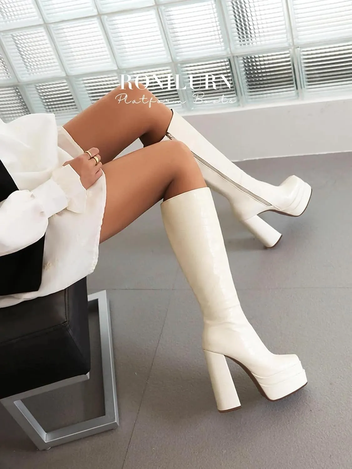 Women GOGO Boots Platform Knee High Tall Chunky High Heel Boots for Women Square Toe Side Zipper Long Shoes