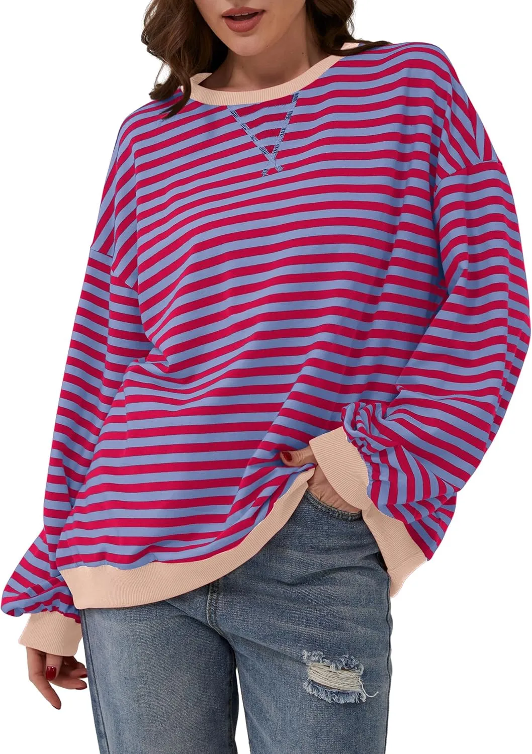 Women Oversized Striped Long Sleeve Sweatshirt Casual Crew Neck Drop Shoulder Relaxed Fit Pullover Shirt Top