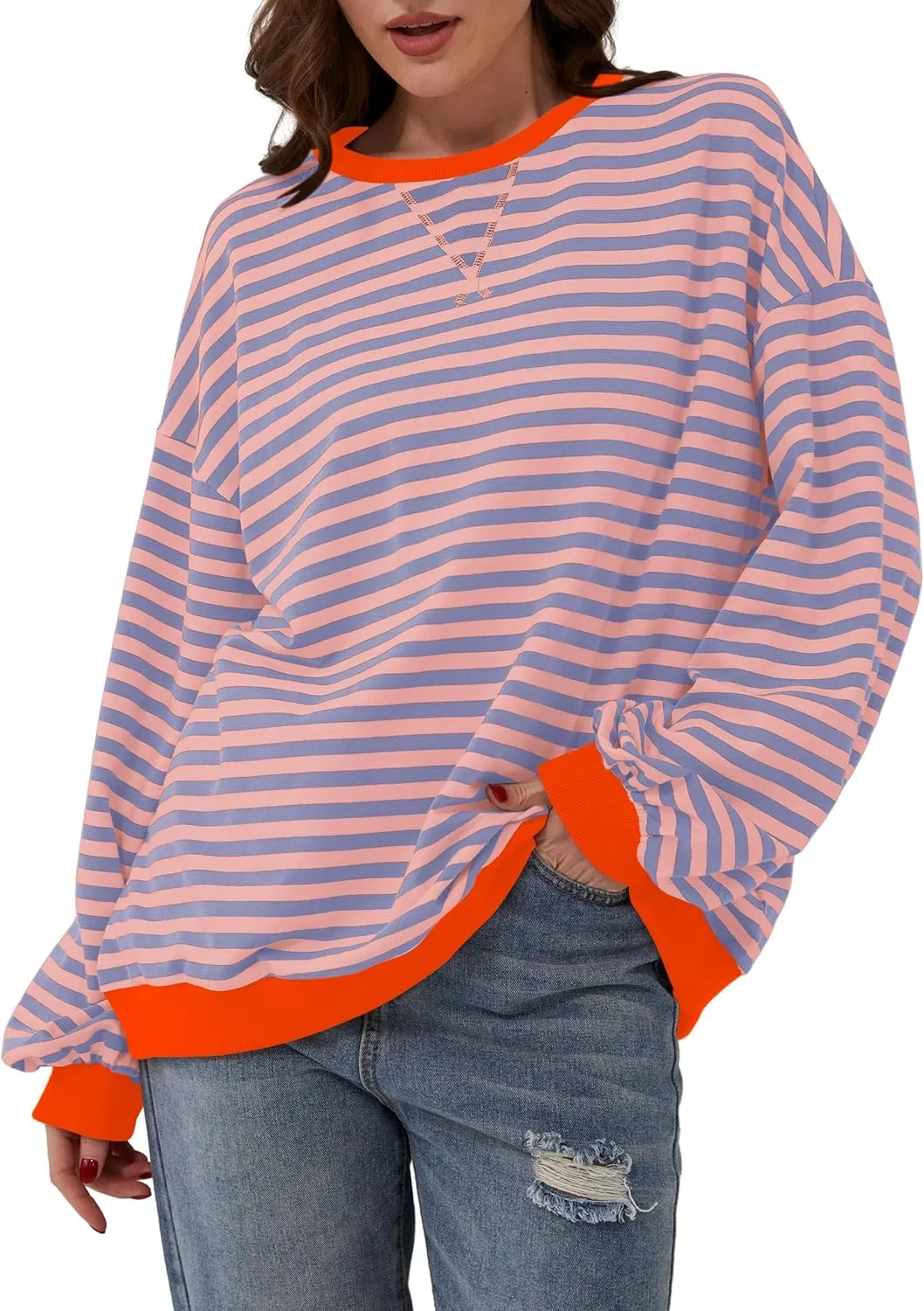 Women Oversized Striped Long Sleeve Sweatshirt Casual Crew Neck Drop Shoulder Relaxed Fit Pullover Shirt Top