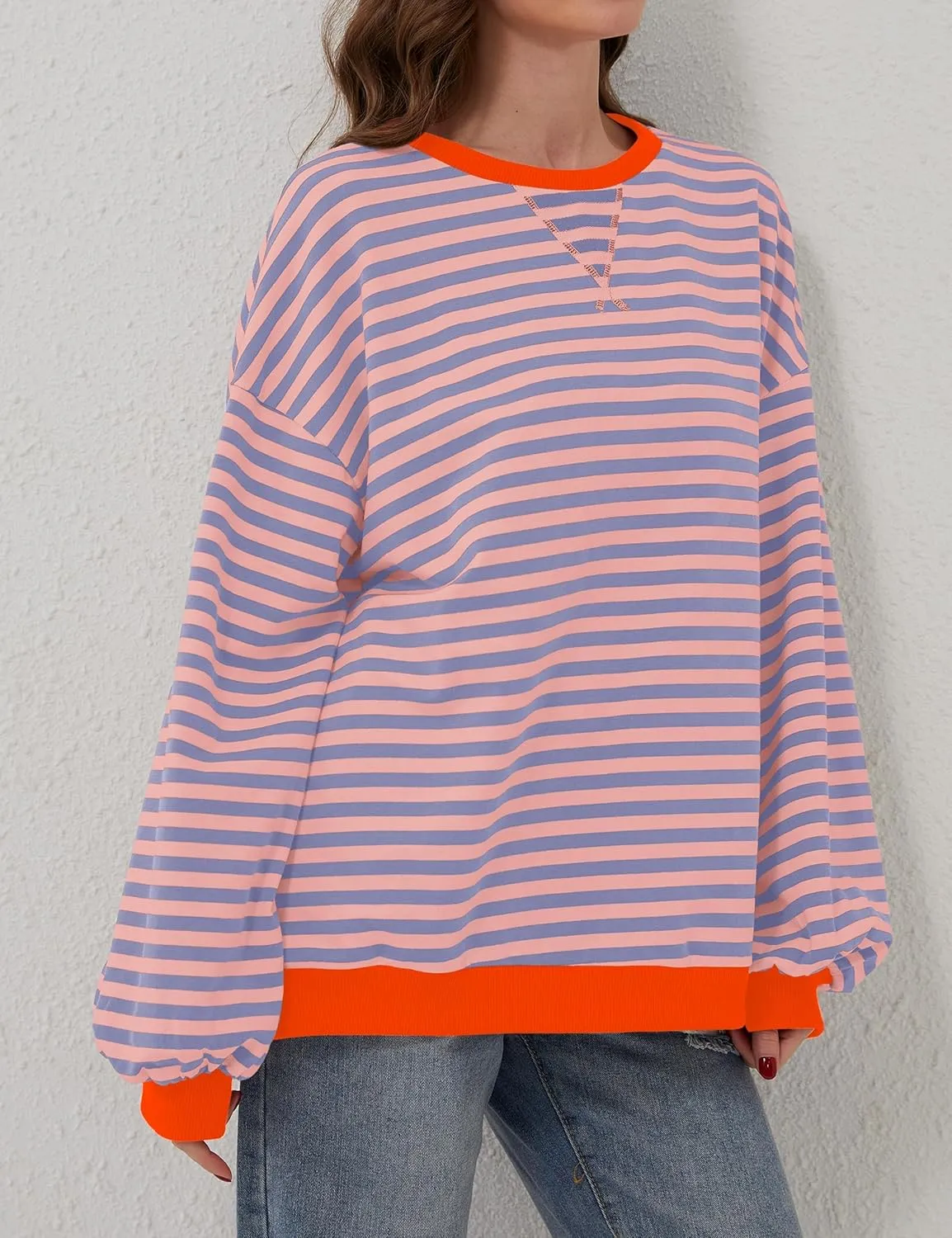 Women Oversized Striped Long Sleeve Sweatshirt Casual Crew Neck Drop Shoulder Relaxed Fit Pullover Shirt Top