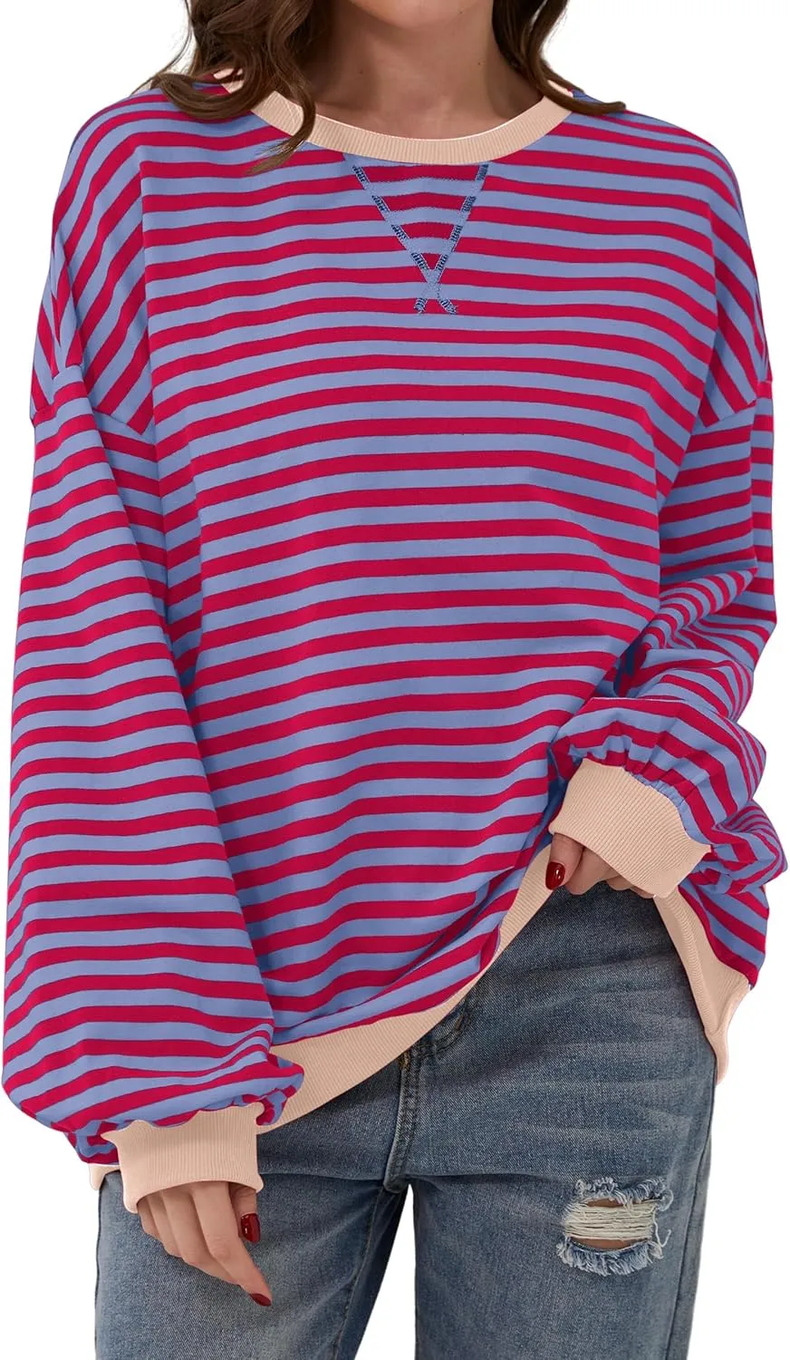 Women Oversized Striped Long Sleeve Sweatshirt Casual Crew Neck Drop Shoulder Relaxed Fit Pullover Shirt Top