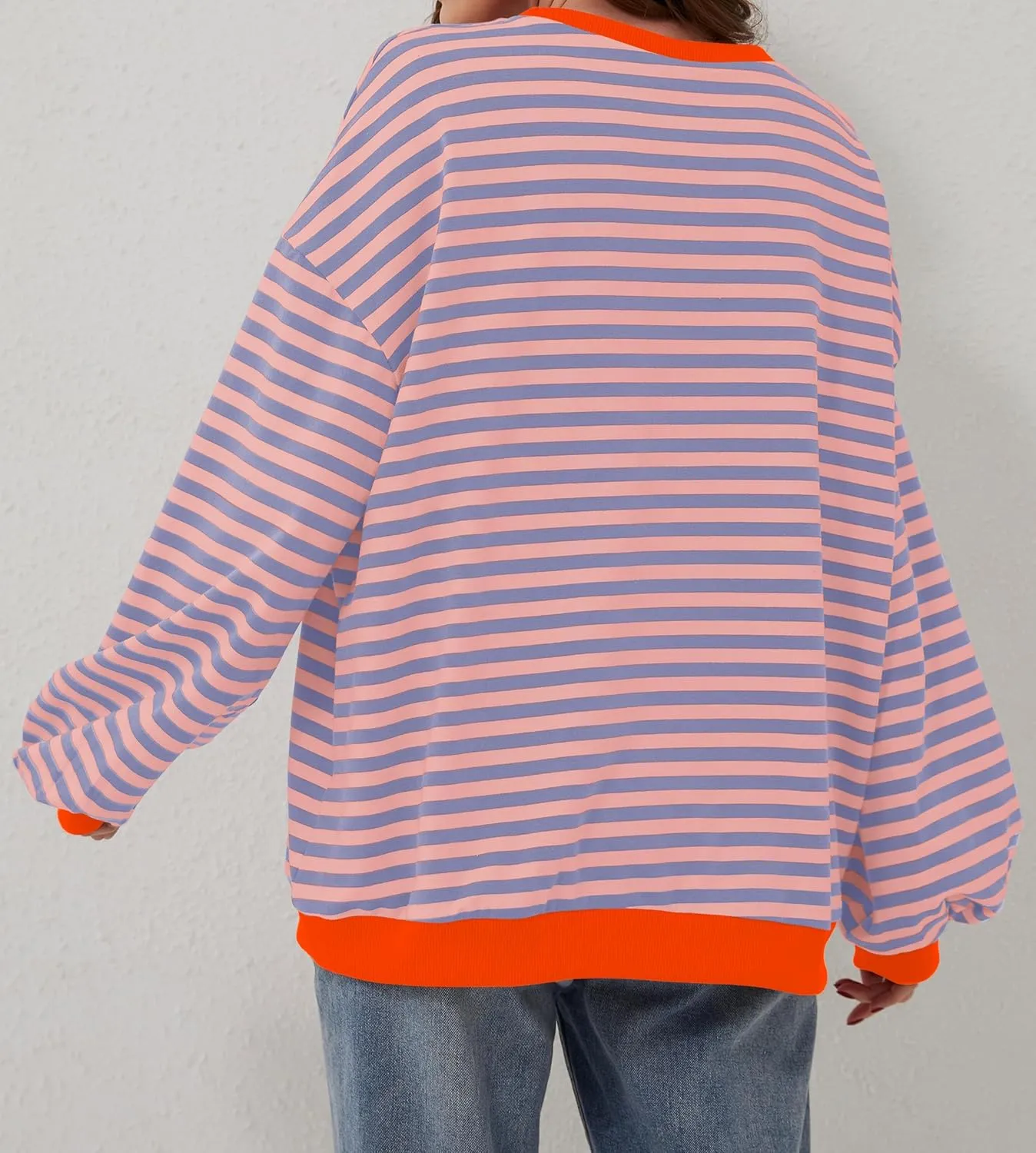 Women Oversized Striped Long Sleeve Sweatshirt Casual Crew Neck Drop Shoulder Relaxed Fit Pullover Shirt Top