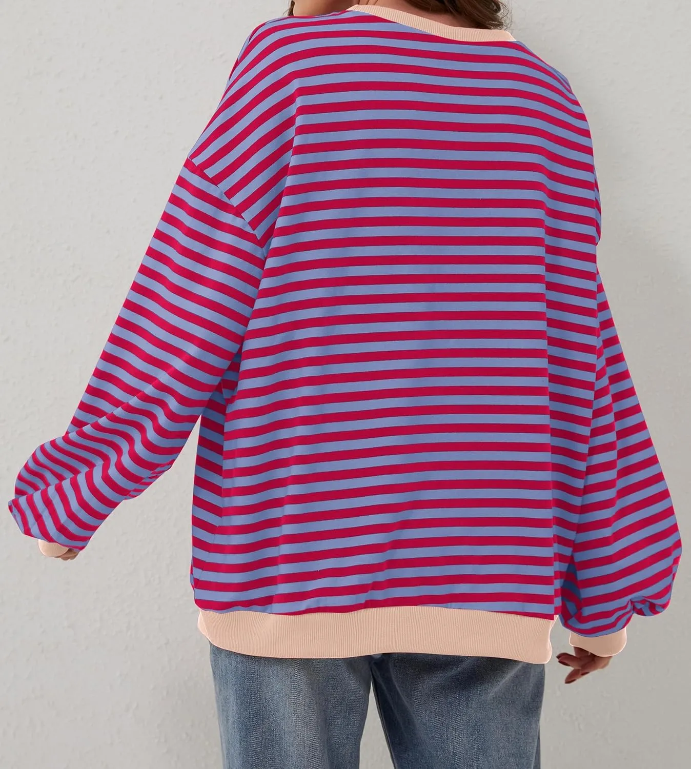 Women Oversized Striped Long Sleeve Sweatshirt Casual Crew Neck Drop Shoulder Relaxed Fit Pullover Shirt Top