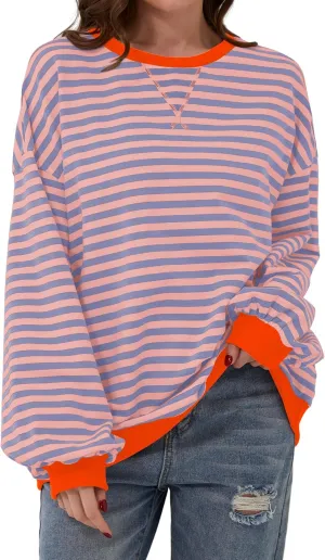 Women Oversized Striped Long Sleeve Sweatshirt Casual Crew Neck Drop Shoulder Relaxed Fit Pullover Shirt Top