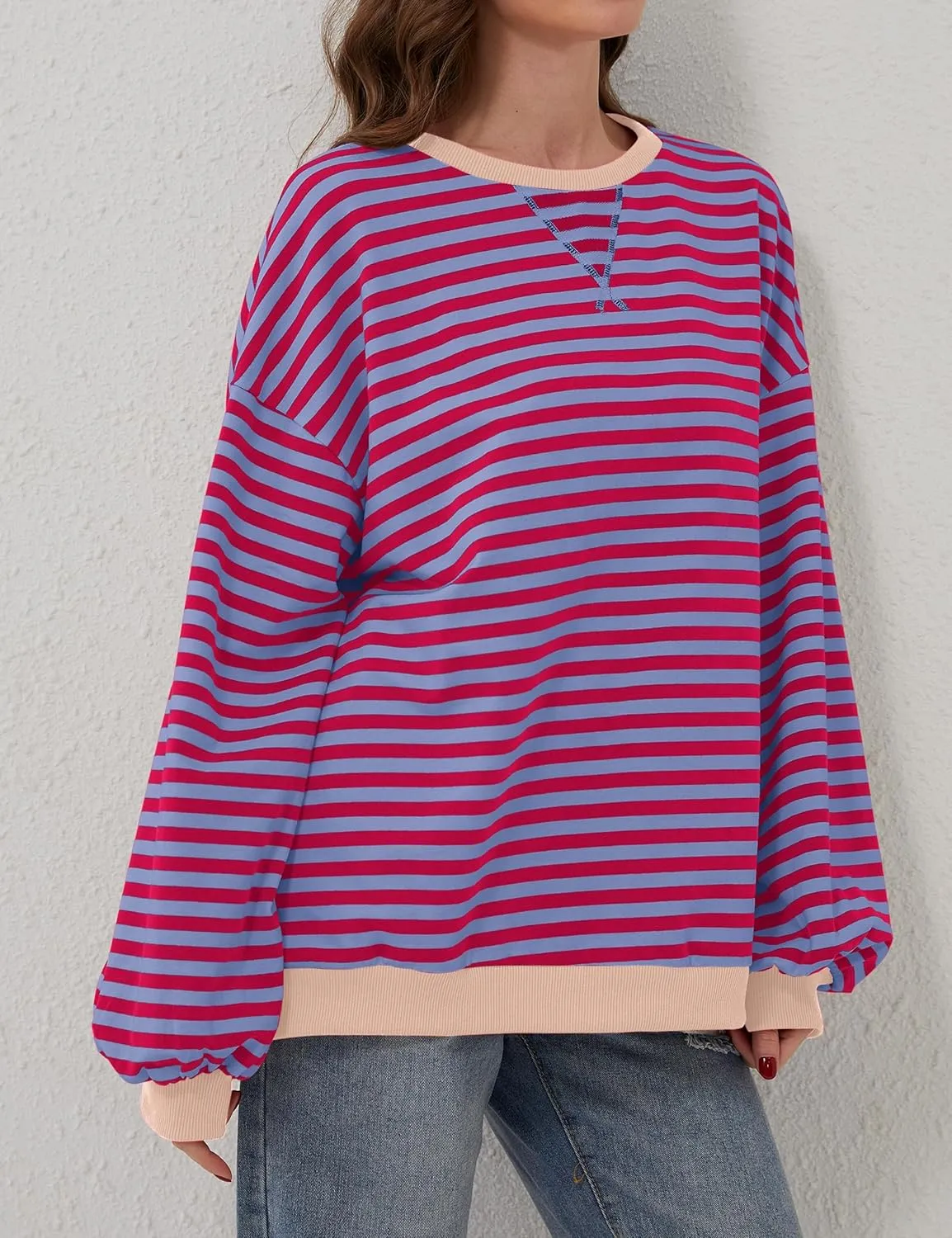 Women Oversized Striped Long Sleeve Sweatshirt Casual Crew Neck Drop Shoulder Relaxed Fit Pullover Shirt Top